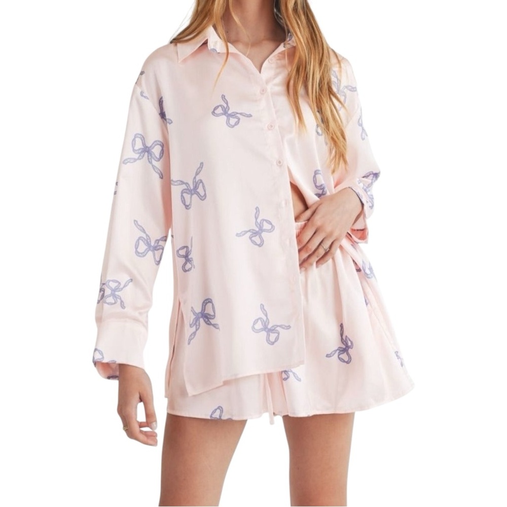 MABLE Button Down Silky Soft Pajama Shorts Set Light‎ Pink / Blue Bows Small